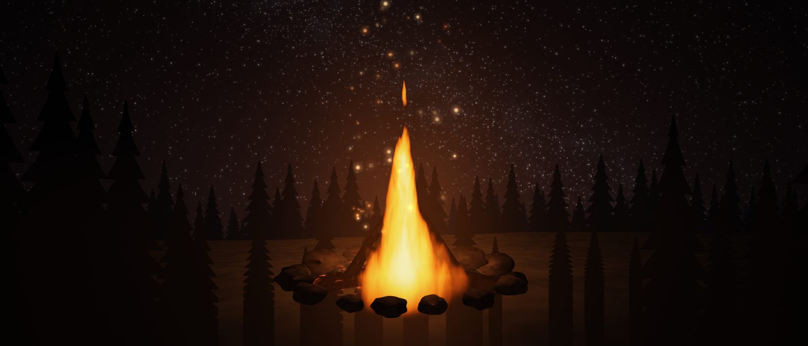 A campfire in a ring of stones under a starry sky, sparks rising, pine silhouettes all around
