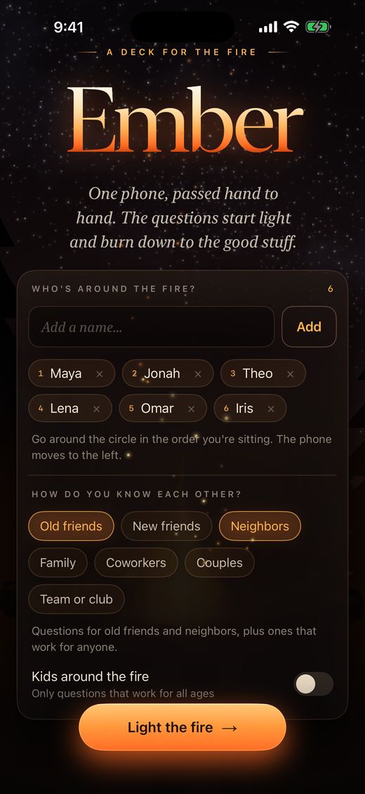 Ember setup: names around the fire and how everyone knows each other