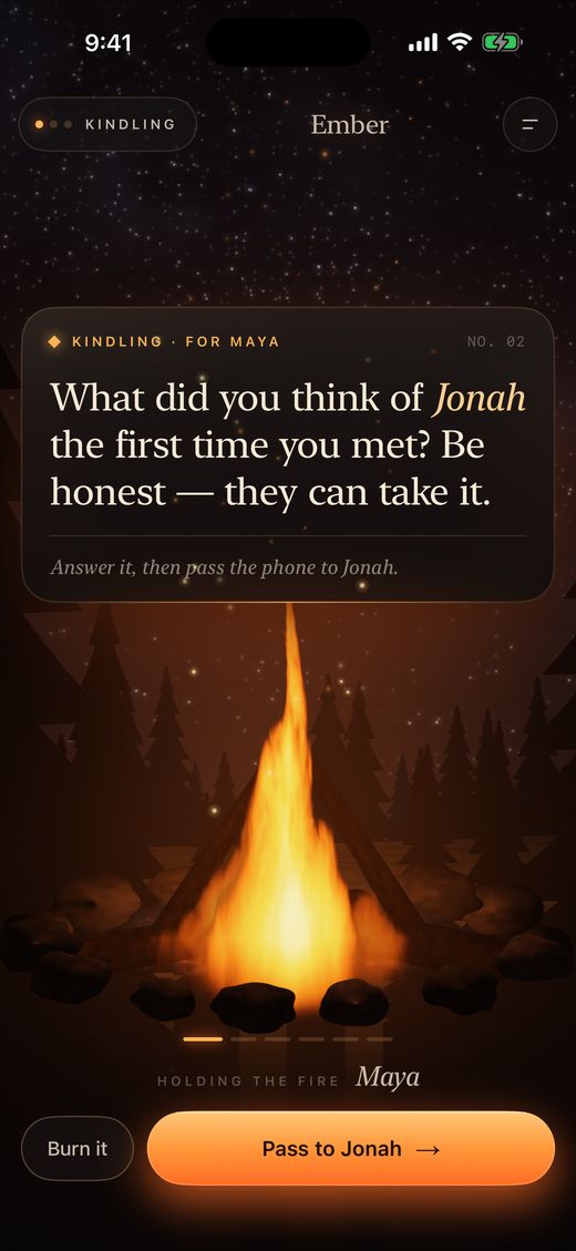 A Kindling card asking a question about the person next to you