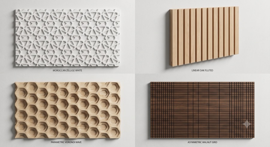 Four dimensional wall panel designs — Moroccan zellige, fluted oak, parametric voronoi and an asymmetric walnut grid