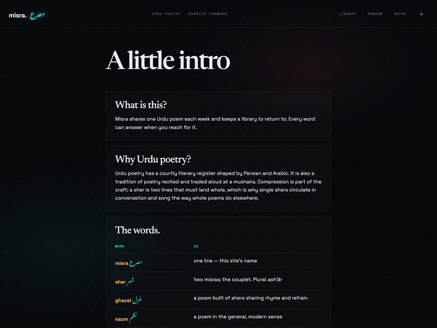 Misra's A Little Intro page explaining what a misra, a sher and a ghazal are
