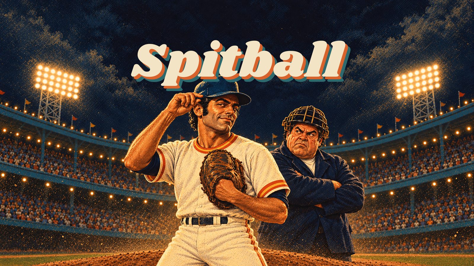 The Spitball wordmark over a night ballpark: a smirking 1970s pitcher tips his cap while Big Sal, the umpire, glares behind him with his arms crossed