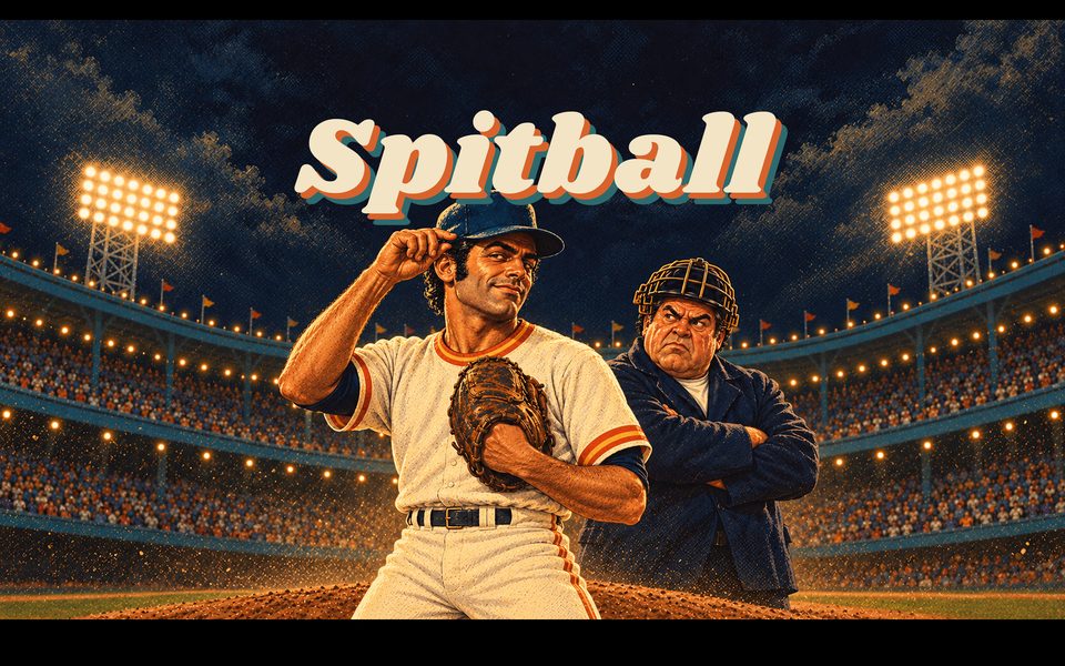Spitball — a 1970s pitcher tips his cap while Big Sal the umpire glares