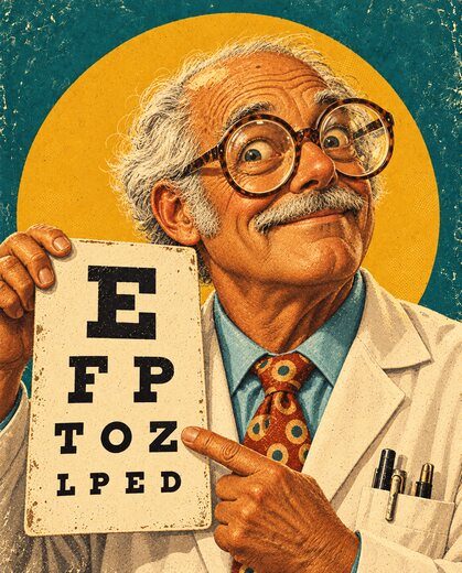 Doc Fairweather, painted, holding an eye chart