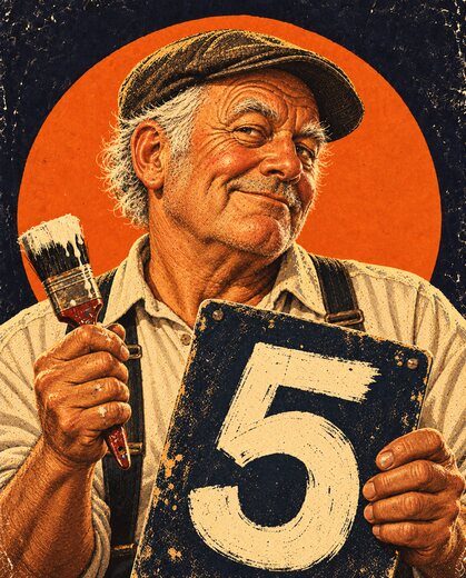 Fitz Fitzgerald, painted, holding up a number 5 scoreboard plate