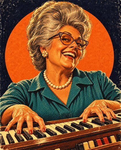 Gladys, painted, laughing at the organ