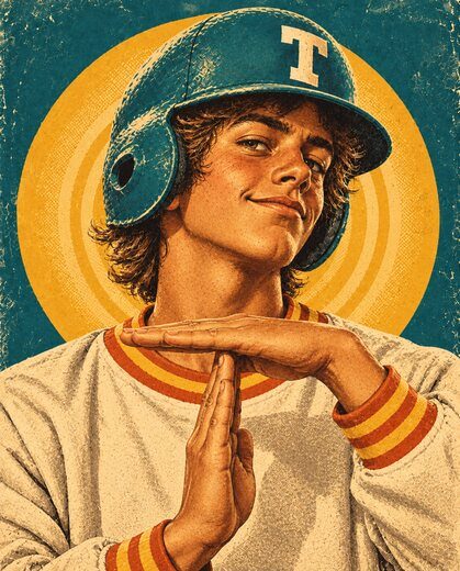 Rudy the batboy, painted, making the time-out sign