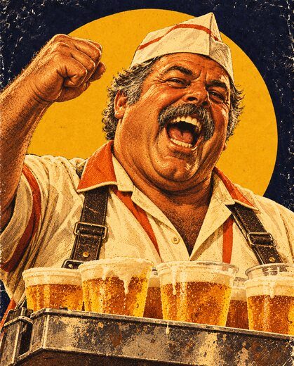 Suds Malone, painted, cheering with a tray of beers