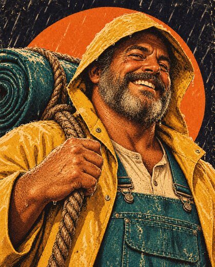 Tarp Tolliver, painted, in a rain slicker with the tarp on his shoulder