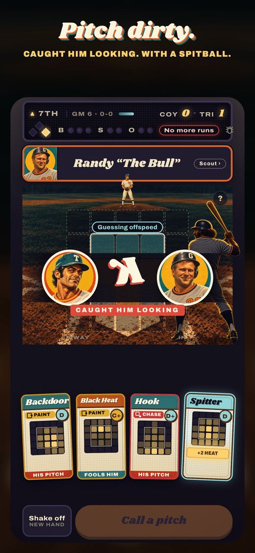 Pitch dirty: a strikeout looking, thrown with a spitball, against Randy The Bull