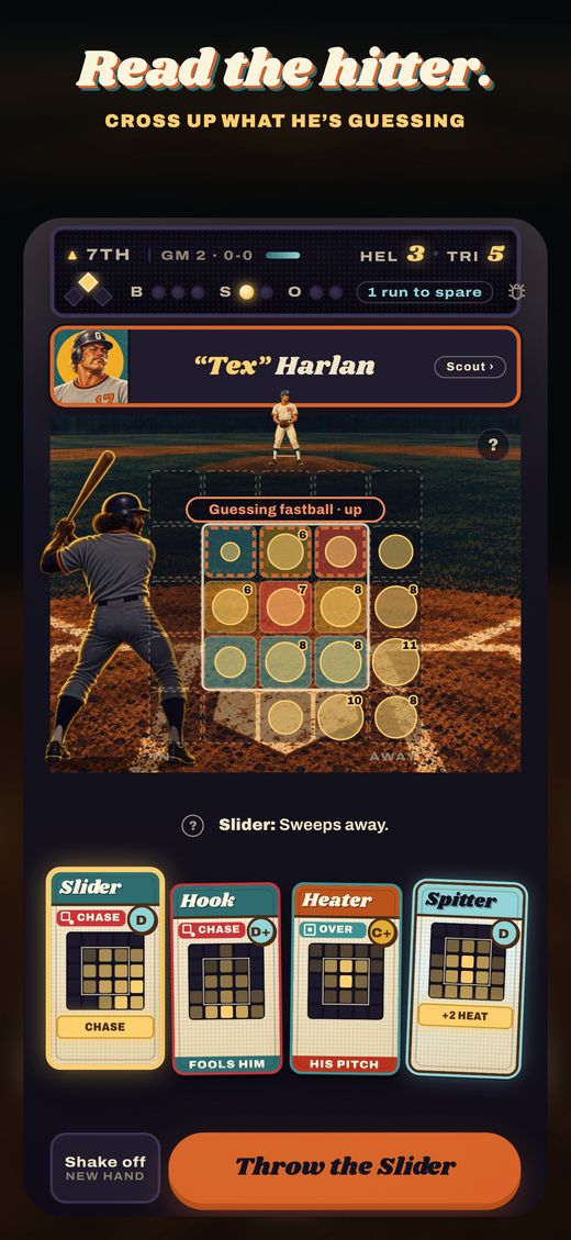 Read the hitter: a slider picked, its landing dots against what the hitter is guessing
